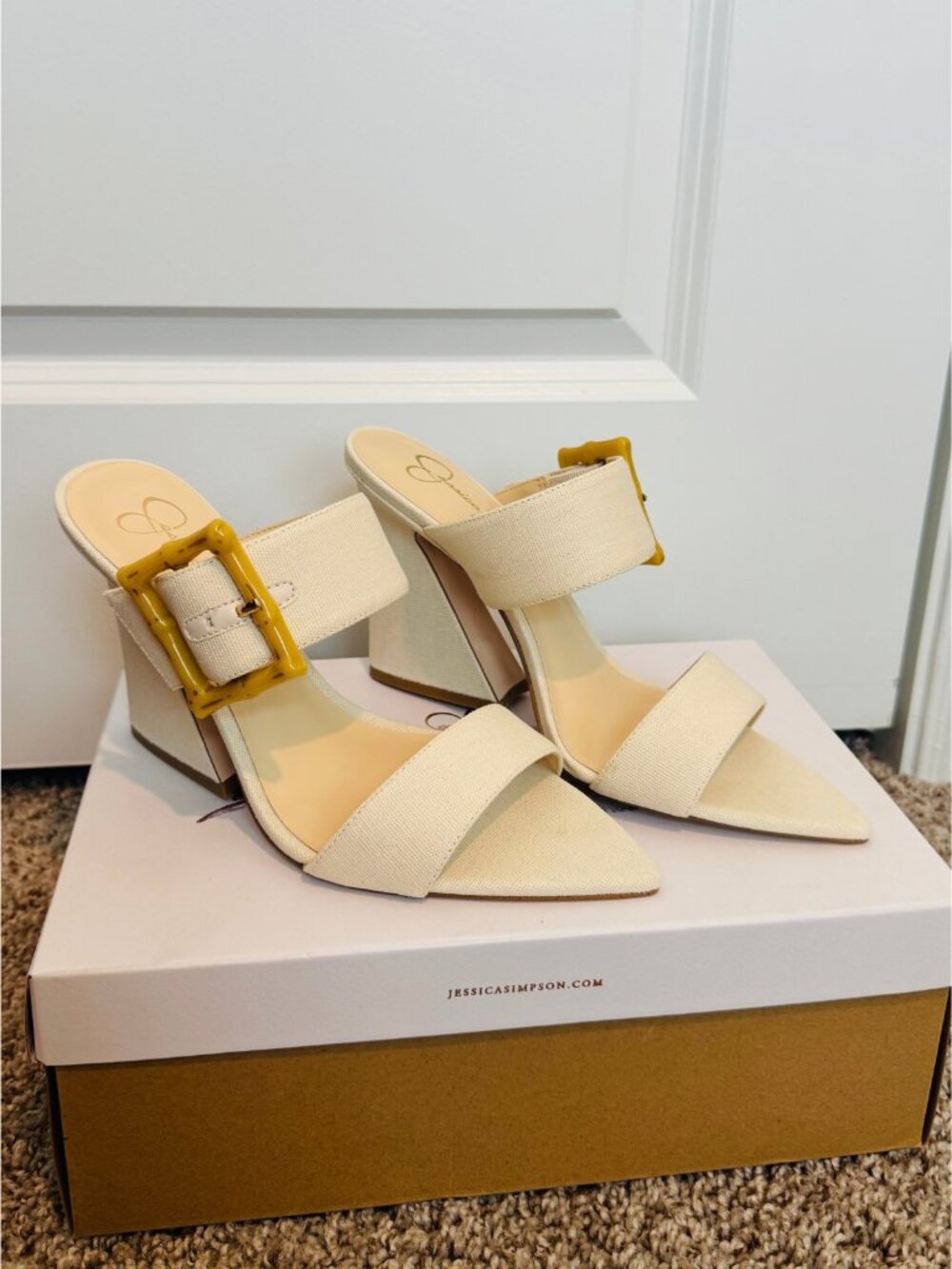 Jessica Simpson Cream Canvas Wedge Mules Sz 9M w/ BOX